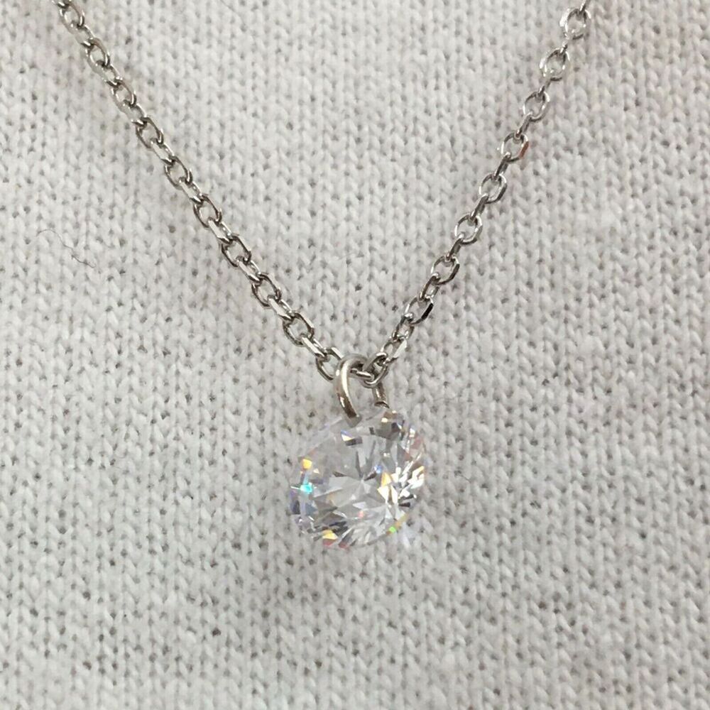 Sterling Silver Necklace Cubic Zirconia CZ 6mm Charm 17.5in Chain